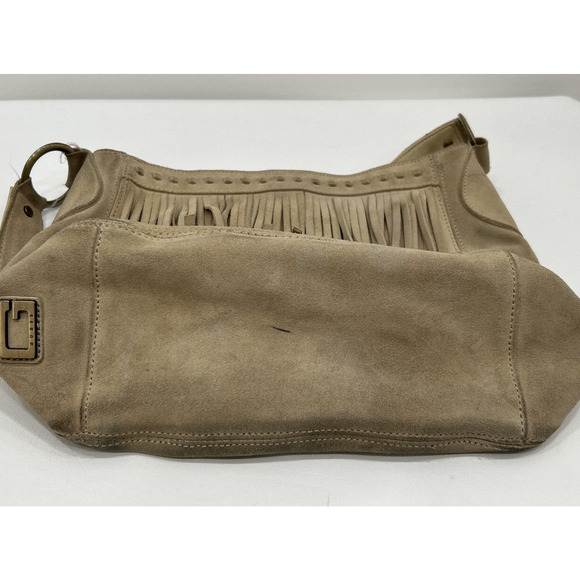 Guess Leather Suede Beige Tan Y2K Hobo Shoulder Fringe Top Zip HandBag Purse - Picture 3 of 16